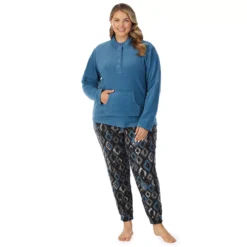 Plus Size Cuddl Duds Fleece Long Sleeve Pajama Top And Banded Bottom Pajama Pants Sleep Set