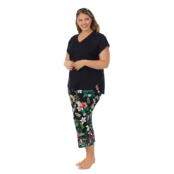 Plus Size Cuddl Duds 3-pc. V-Neck Pajama Top, Pajama Capri Pants & Headband Sleep Set -fashion 5799650 ALT2